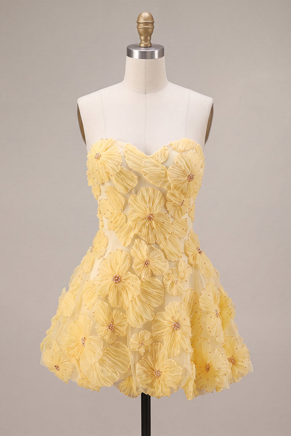 Sparkly Beaded Light Yellow Floral Sweetheart A-Line Short Homecoming Dress