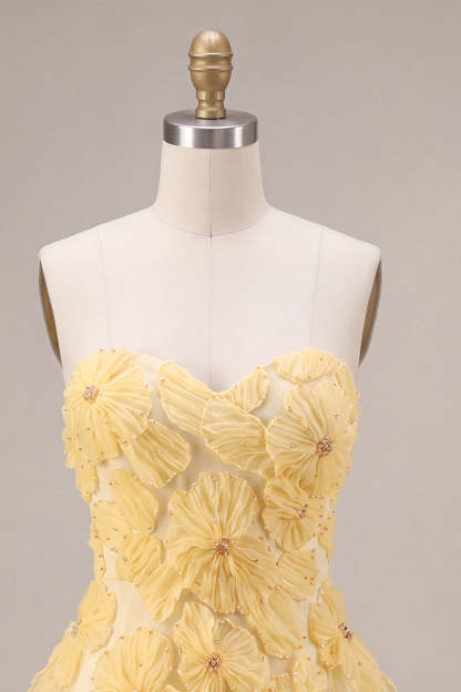 Sparkly Beaded Light Yellow Floral Sweetheart A-Line Short Homecoming Dress