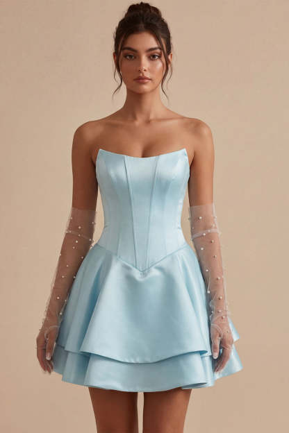 Sky Blue Satin Ruffled A-Line Short Corset Homecoming Dress