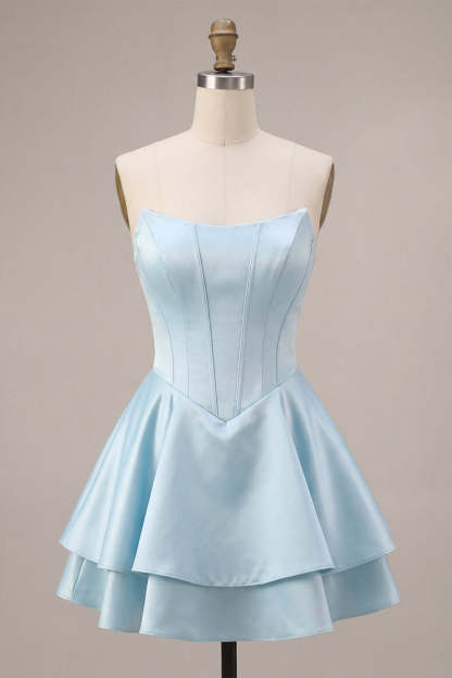 Sky Blue Satin Ruffled A-Line Short Corset Homecoming Dress