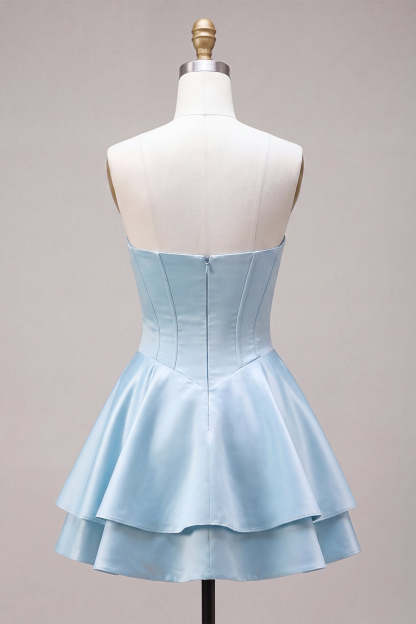 Sky Blue Satin Ruffled A-Line Short Corset Homecoming Dress