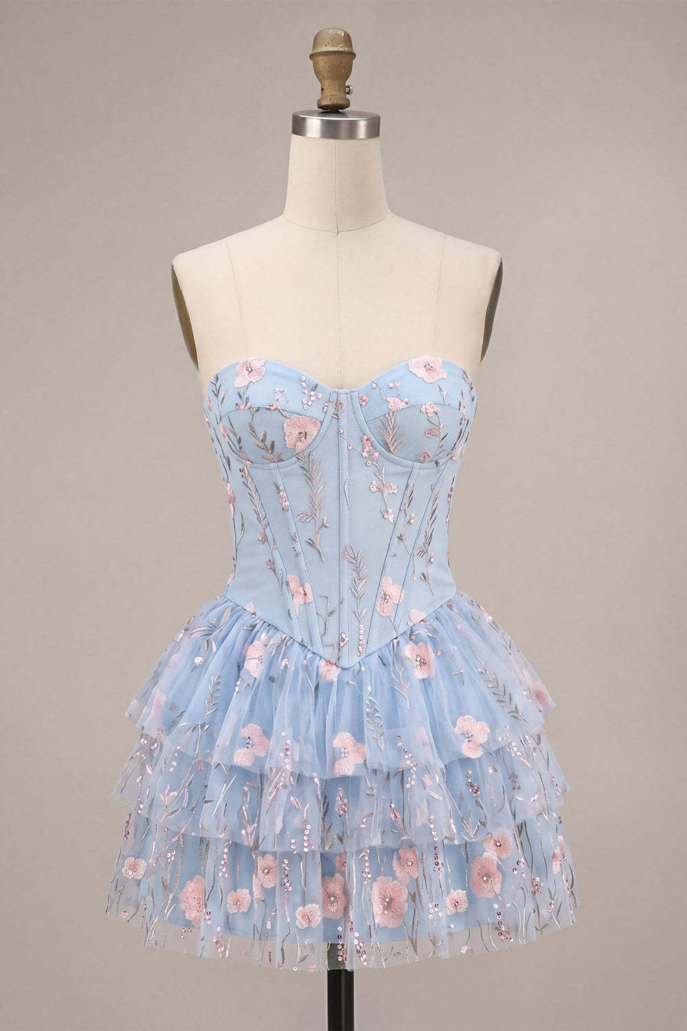 Sparkly Sequins Light Blue Floral Corset Ruffled A-Line Short Homecoming Dress