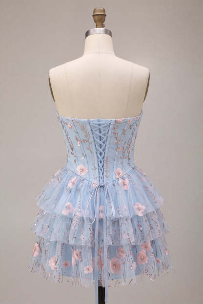 Sparkly Sequins Light Blue Floral Corset Ruffled A-Line Short Homecoming Dress