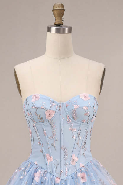 Sparkly Sequins Light Blue Floral Corset Ruffled A-Line Short Homecoming Dress