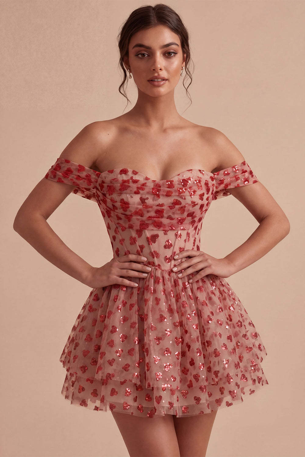 Leely Women Sparkly Red Corset Sequins Short Homecoming Dress Off the Shoulder A-Line Tiered Cocktail Dress with Ruffles