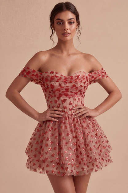 Leely Women Sparkly Red Corset Sequins Short Homecoming Dress Off the Shoulder A-Line Tiered Cocktail Dress with Ruffles