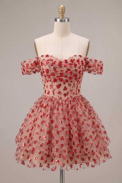 Red Sparkly Sequins Ruffled Tiered A-Line Corset Short Homecoming Dress