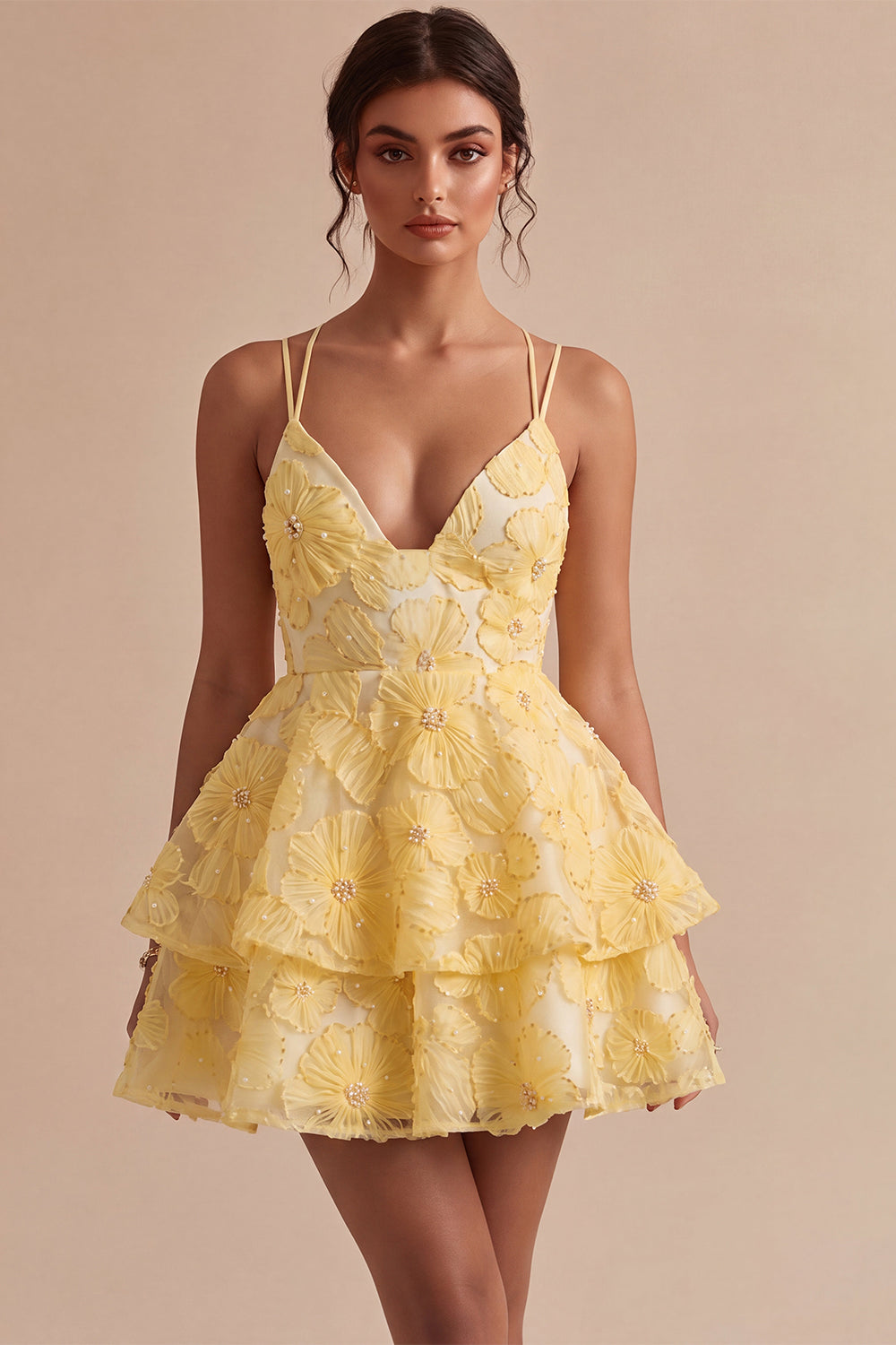 Light Yellow Sparkly Beaded Floral A-Line Short Homecoming Dress with Ruffles