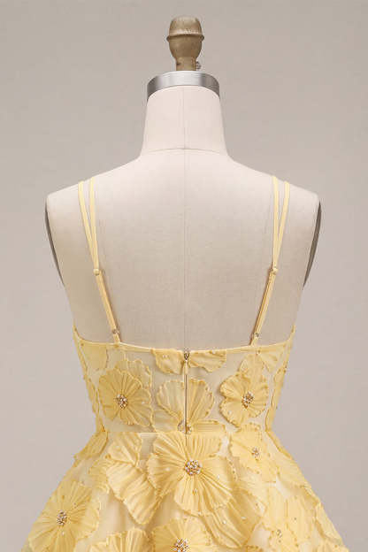 Light Yellow Sparkly Beaded Floral A-Line Short Homecoming Dress with Ruffles