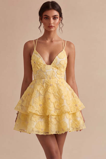 Leely Women Sparkly Beaded Floral Light Yellow Ruffled Short Homecoming Dress Tiered A-Line Spaghetti Straps Cocktail Dress