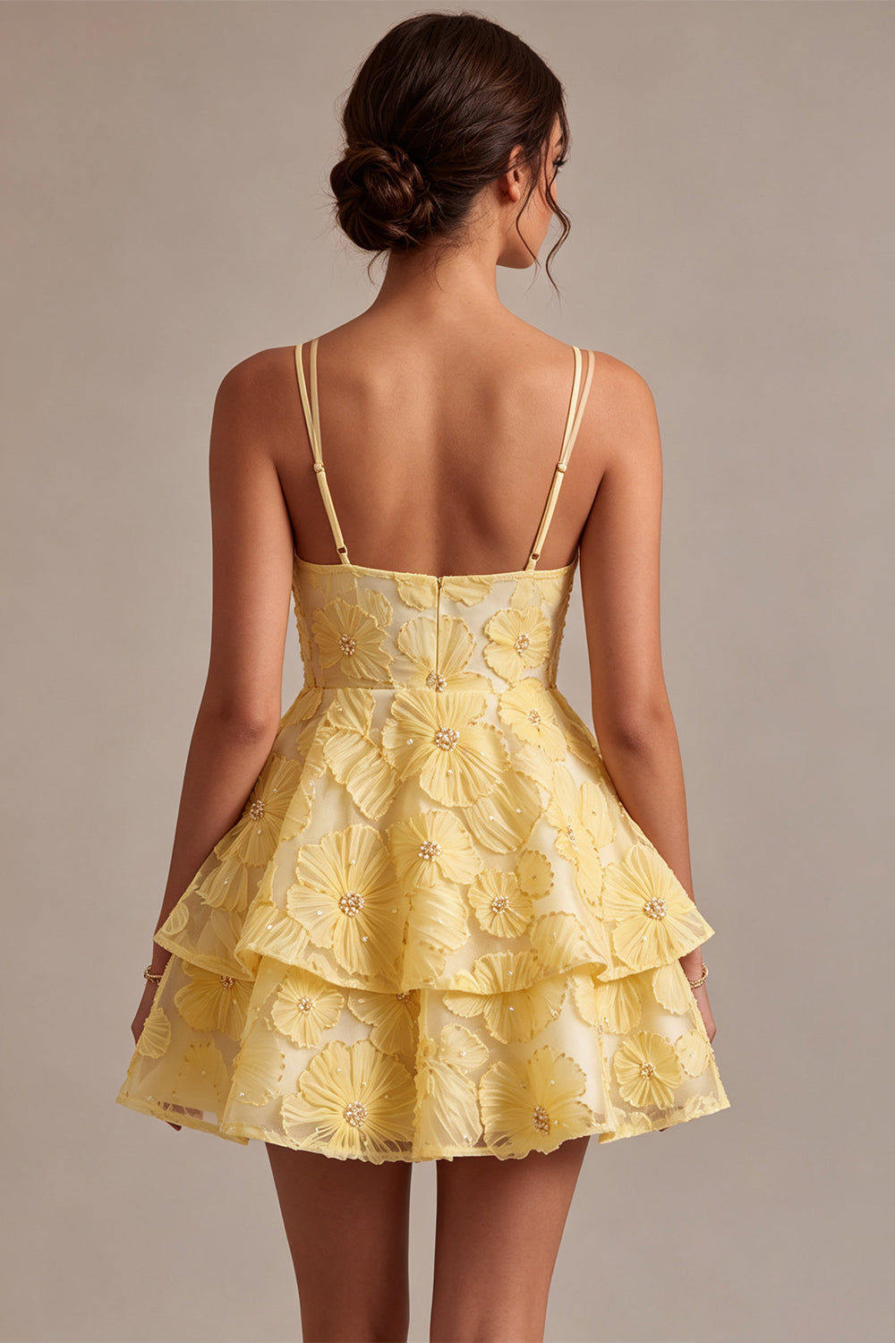 Light Yellow Sparkly Beaded Floral A-Line Short Homecoming Dress with Ruffles