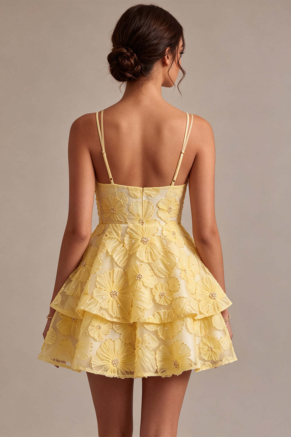 Light Yellow Sparkly Beaded Floral A-Line Short Homecoming Dress with Ruffles