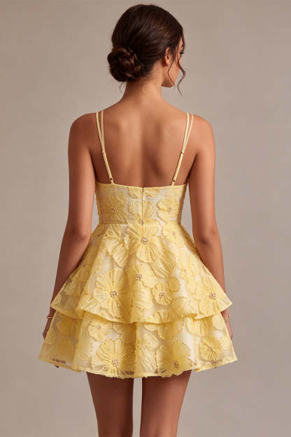 Light Yellow Sparkly Beaded Floral A-Line Short Homecoming Dress with Ruffles