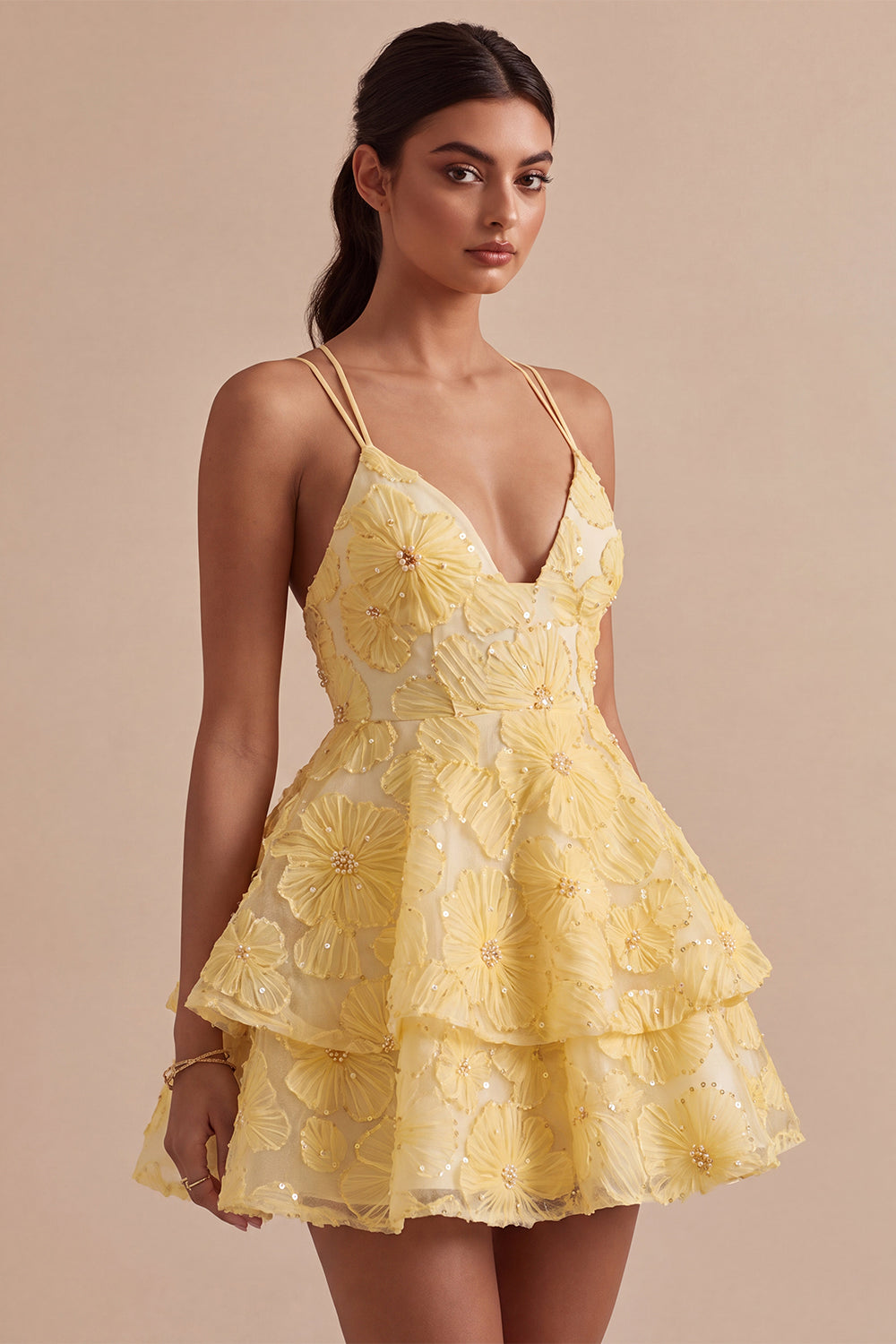 Light Yellow Sparkly Beaded Floral A-Line Short Homecoming Dress with Ruffles
