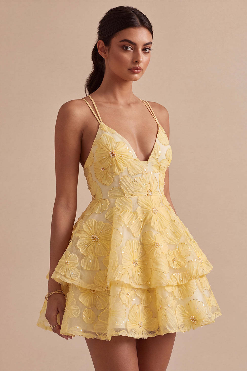 Light Yellow Sparkly Beaded Floral A-Line Short Homecoming Dress with Ruffles