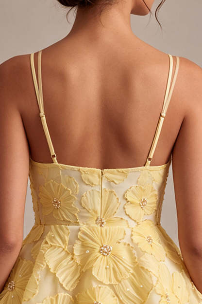 Light Yellow Sparkly Beaded Floral A-Line Short Homecoming Dress with Ruffles