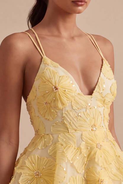 Light Yellow Sparkly Beaded Floral A-Line Short Homecoming Dress with Ruffles