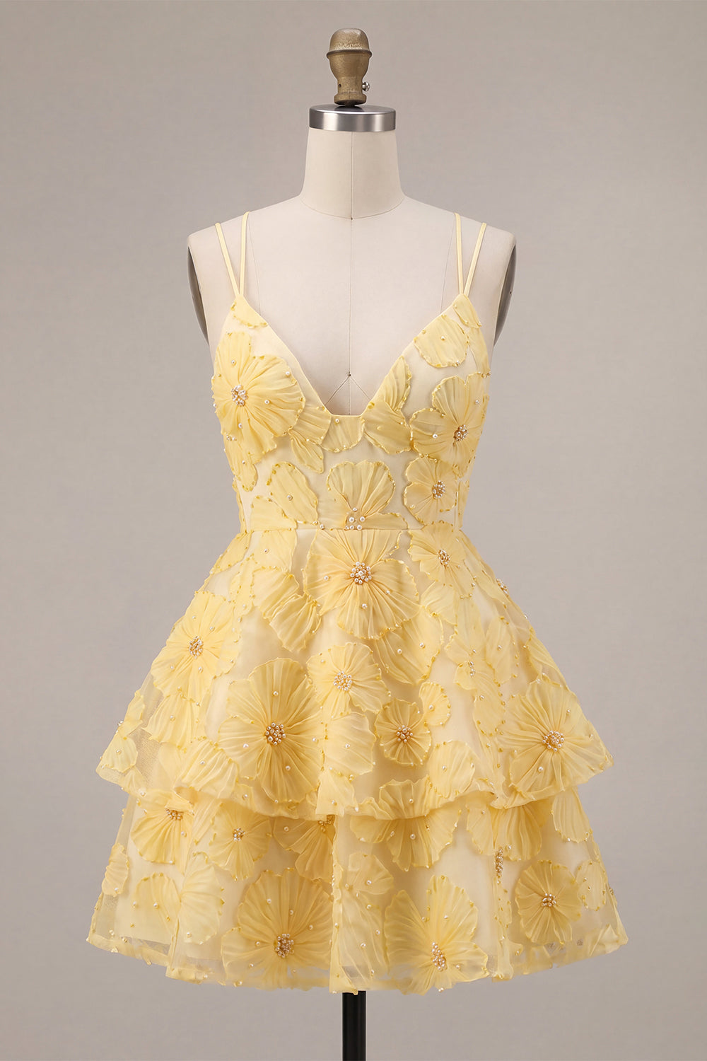 Light Yellow Sparkly Beaded Floral A-Line Short Homecoming Dress with Ruffles