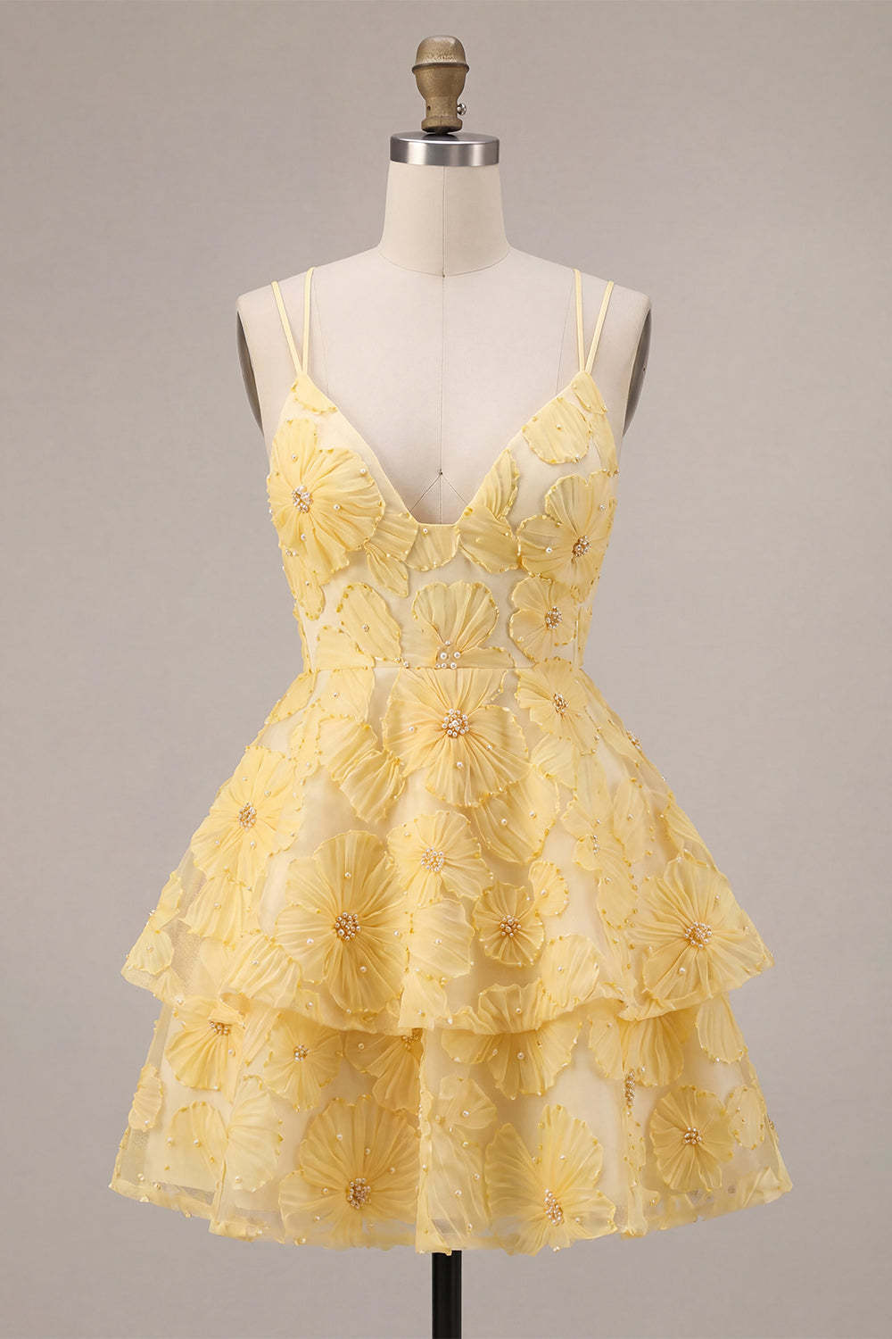Light Yellow Sparkly Beaded Floral A-Line Short Homecoming Dress with Ruffles