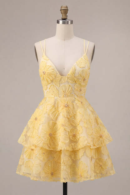 Light Yellow Sparkly Beaded Floral A-Line Short Homecoming Dress with Ruffles