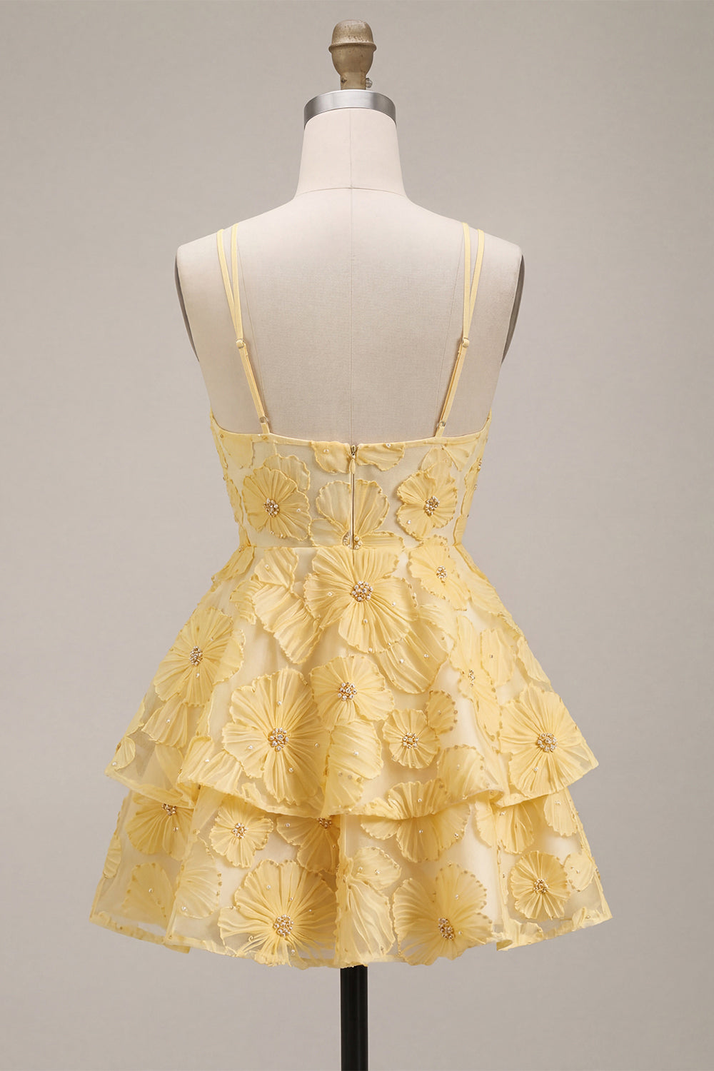 Light Yellow Sparkly Beaded Floral A-Line Short Homecoming Dress with Ruffles