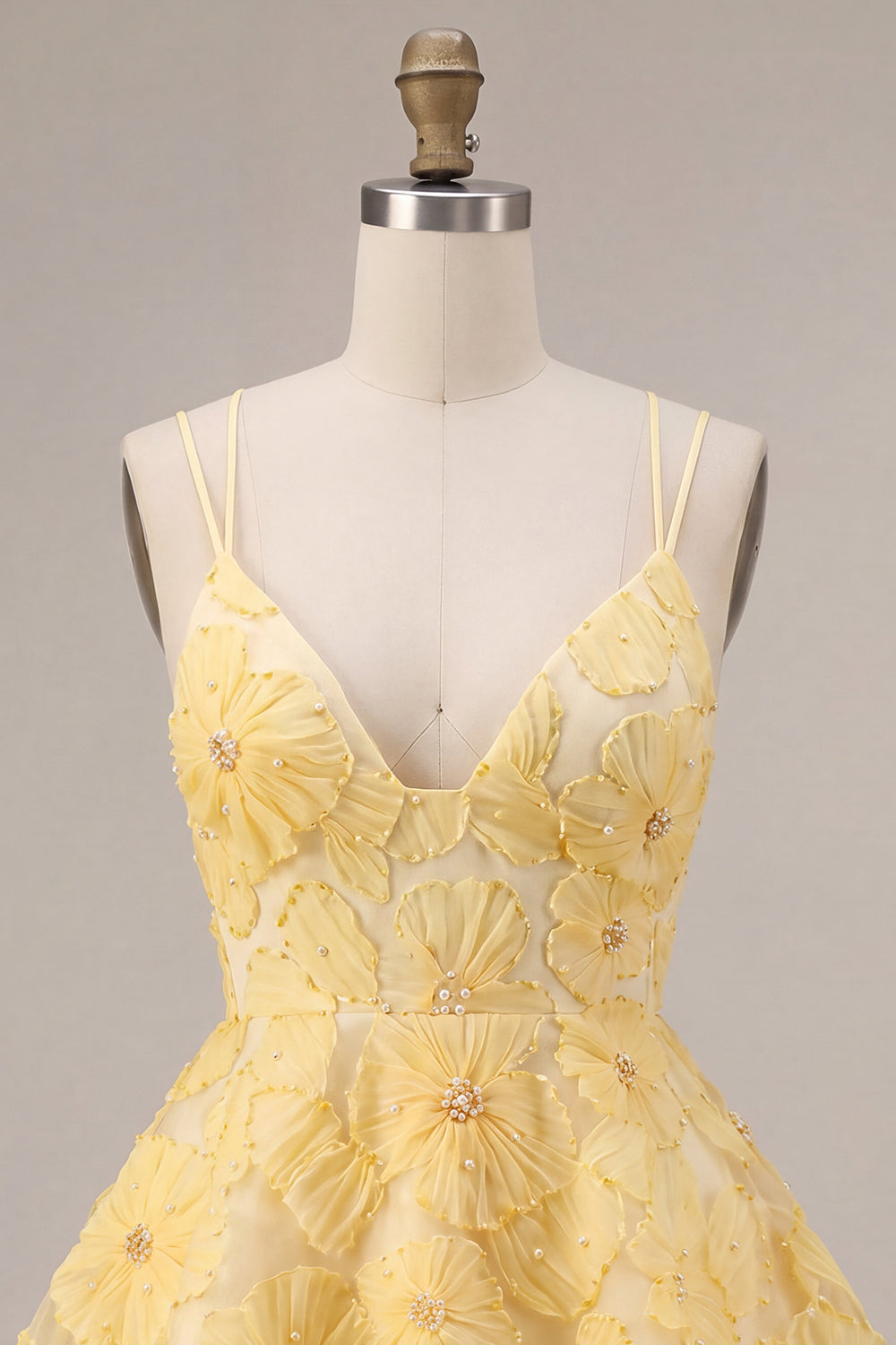 Light Yellow Sparkly Beaded Floral A-Line Short Homecoming Dress with Ruffles