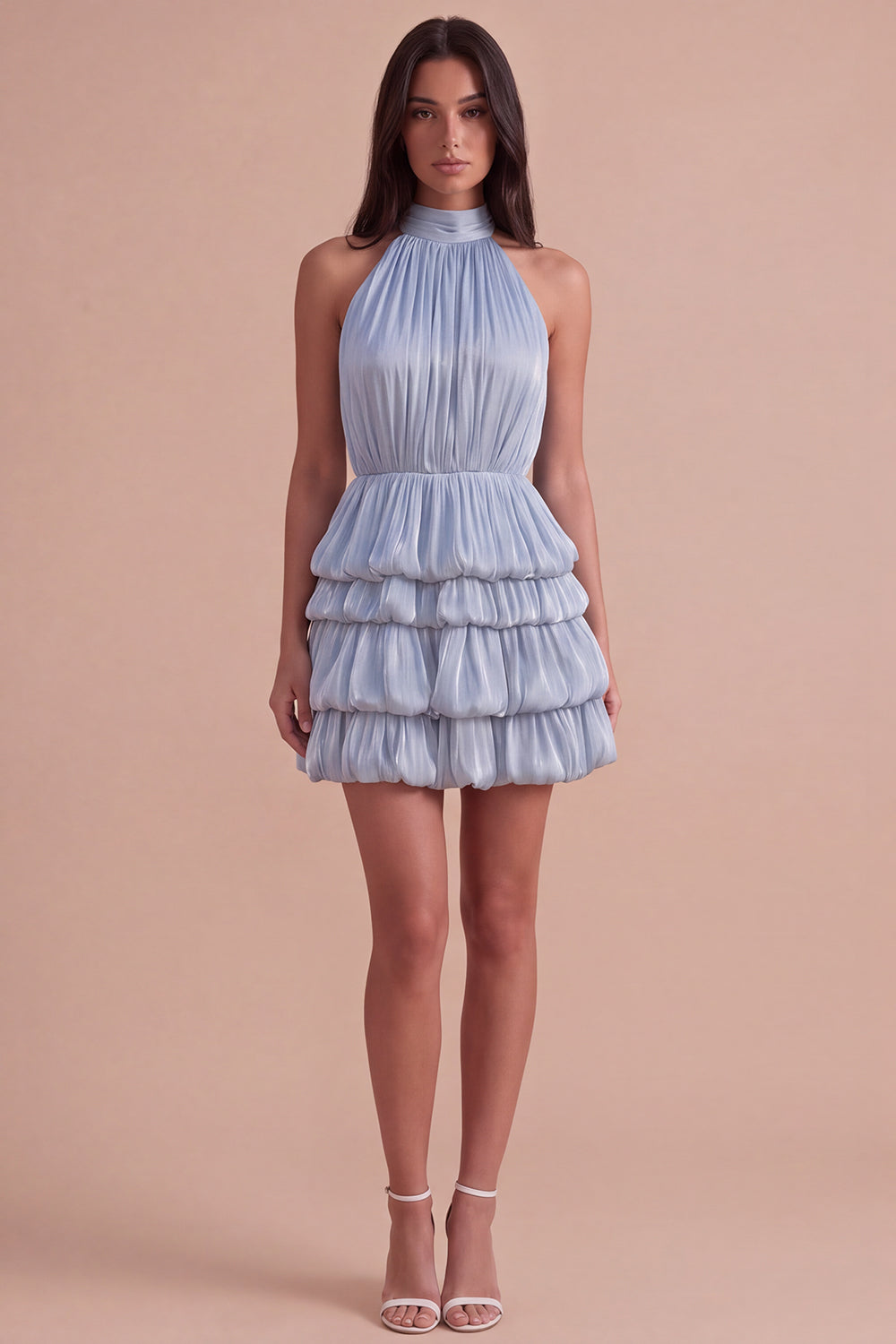 Dusty Blue High Neck Ruched A-Line Tiered Short Homecoming Dress