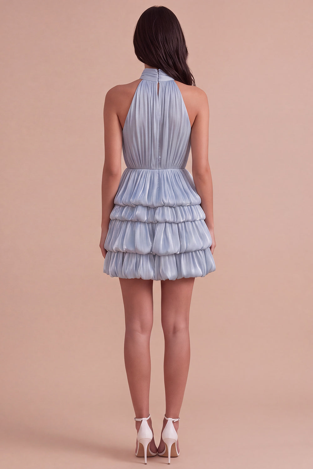 Dusty Blue High Neck Ruched A-Line Tiered Short Homecoming Dress