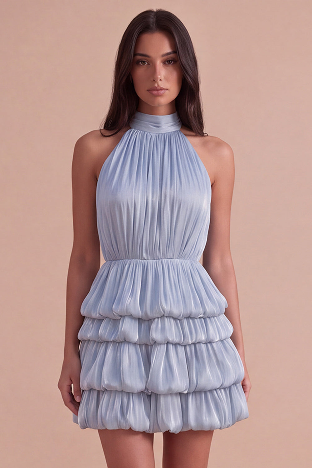 Dusty Blue High Neck Ruched A-Line Tiered Short Homecoming Dress