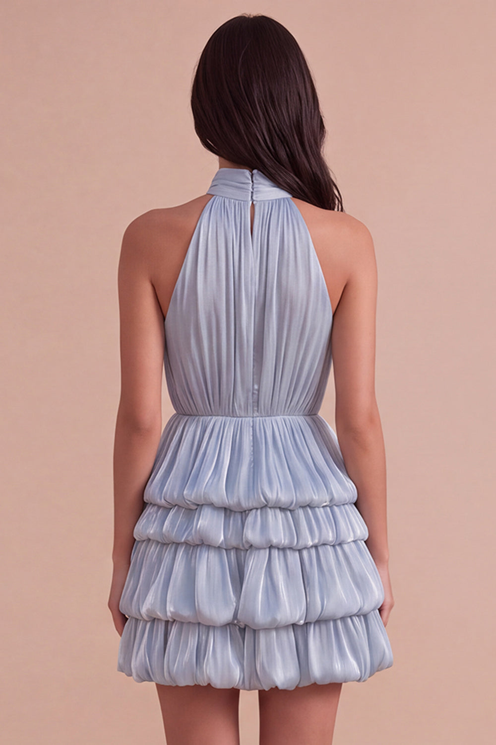 Dusty Blue High Neck Ruched A-Line Tiered Short Homecoming Dress