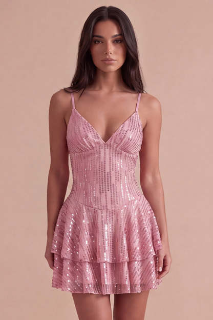 Leely Women Sparkly Sequins Pink Short Ruffled Homecoming Dress A-Line Spaghetti Straps Tiered Cocktail Dress