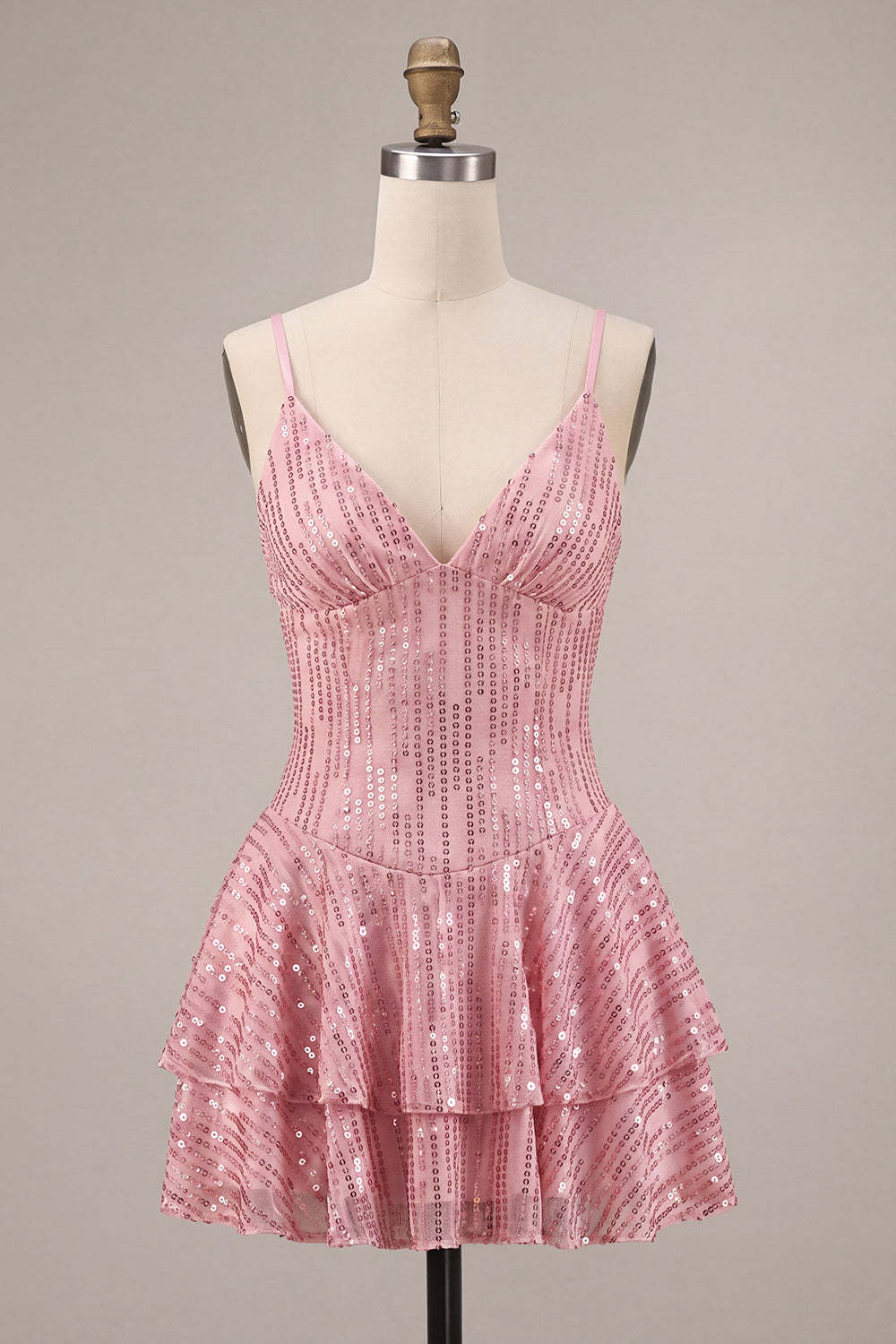 Sparkly Pink Sequins Ruffled Spaghetti Straps Tiered Short Homecoming Dress