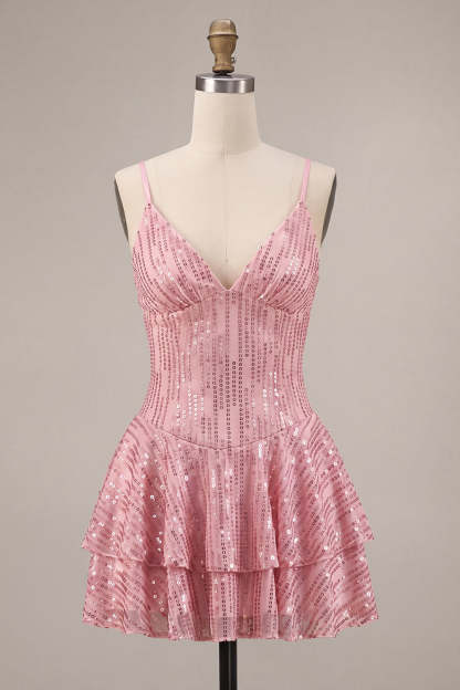 Sparkly Pink Sequins Ruffled Spaghetti Straps Tiered Short Homecoming Dress