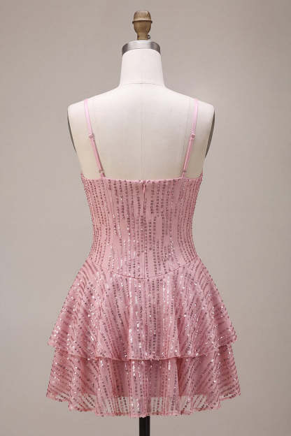 Sparkly Pink Sequins Ruffled Spaghetti Straps Tiered Short Homecoming Dress