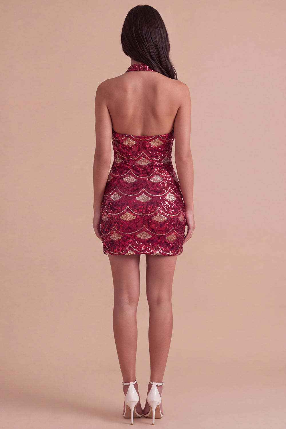 Spakly Burgundy Bodycon Halter Short Homecoming Dress with Sequins