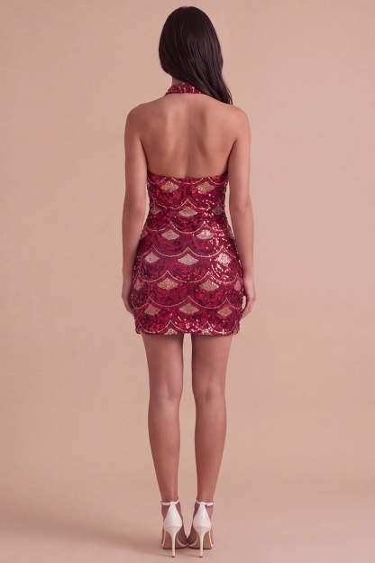 Spakly Burgundy Bodycon Halter Short Homecoming Dress with Sequins