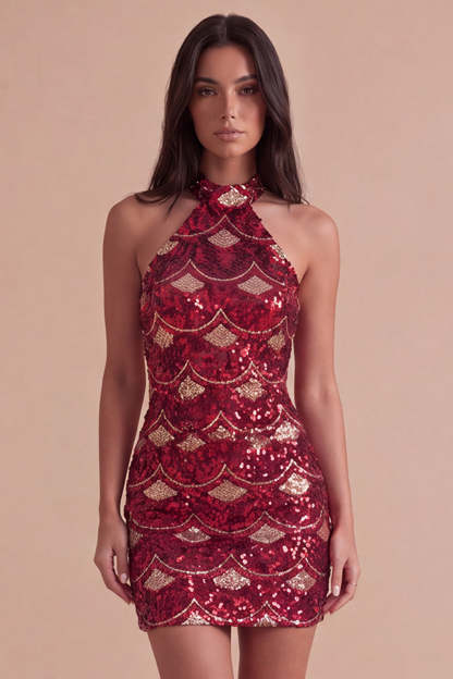 Leely Women Sparkly Short Sequins Burgundy Homecoming Dress Bodycon Halter Cocktail Dress