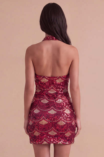 Spakly Burgundy Bodycon Halter Short Homecoming Dress with Sequins