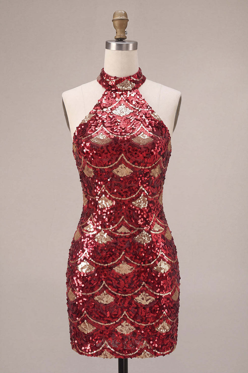 Spakly Burgundy Bodycon Halter Short Homecoming Dress with Sequins