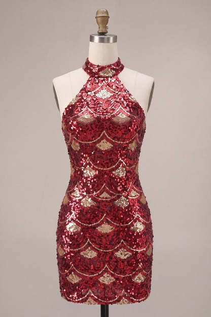 Spakly Burgundy Bodycon Halter Short Homecoming Dress with Sequins