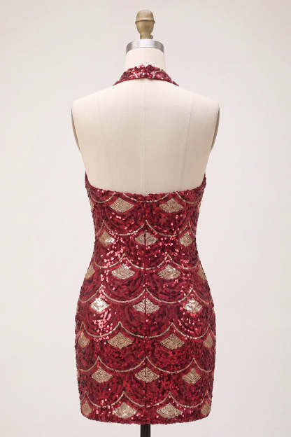 Spakly Burgundy Bodycon Halter Short Homecoming Dress with Sequins