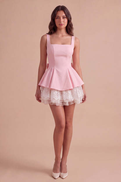 Pink Square Neck Tiered Short Ruffled A-Line Homecoming Dress with Bow