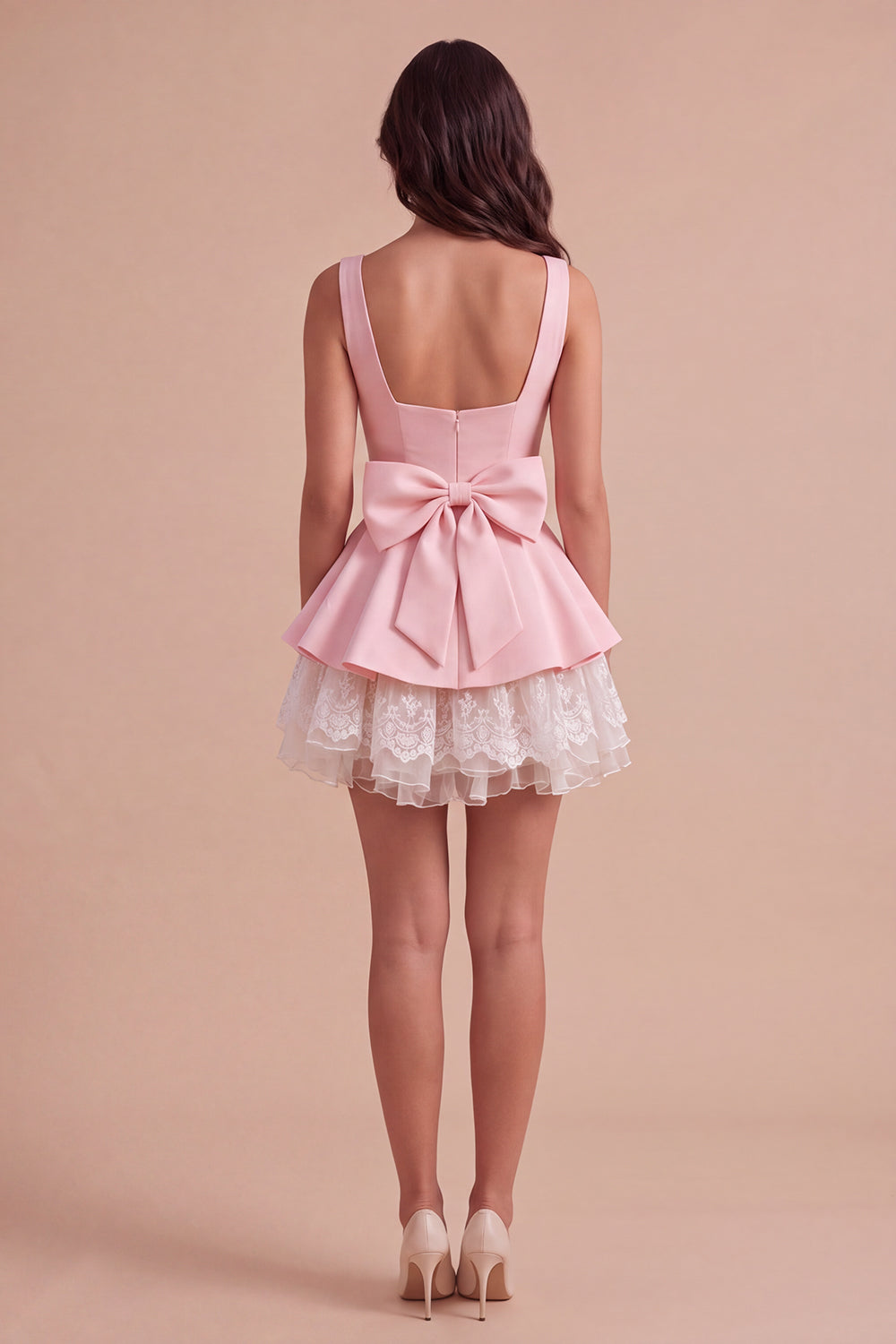 Pink Square Neck Tiered Short Ruffled A-Line Homecoming Dress with Bow