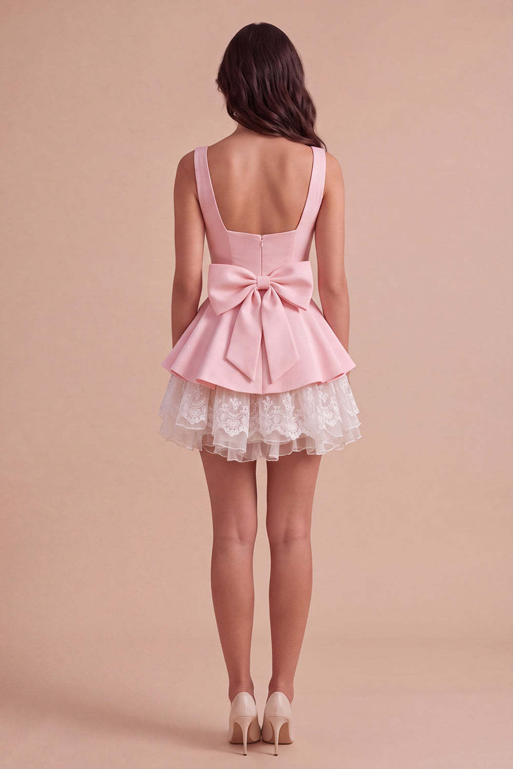 Pink Square Neck Tiered Short Ruffled A-Line Homecoming Dress with Bow