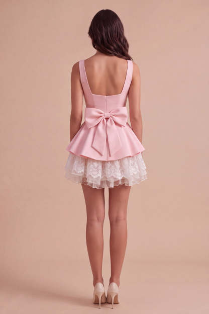 Pink Square Neck Tiered Short Ruffled A-Line Homecoming Dress with Bow