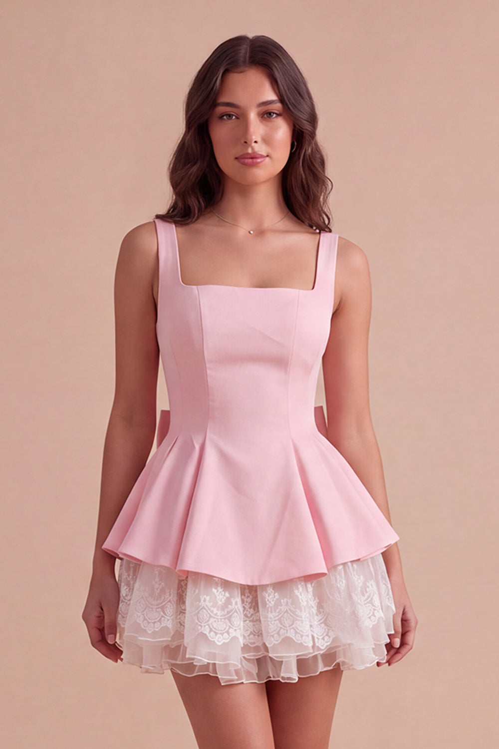 Leely Women Pink Short Ruffled Homecoming Dress Square Neck A-Line Tiered Cocktail Dress with Bow