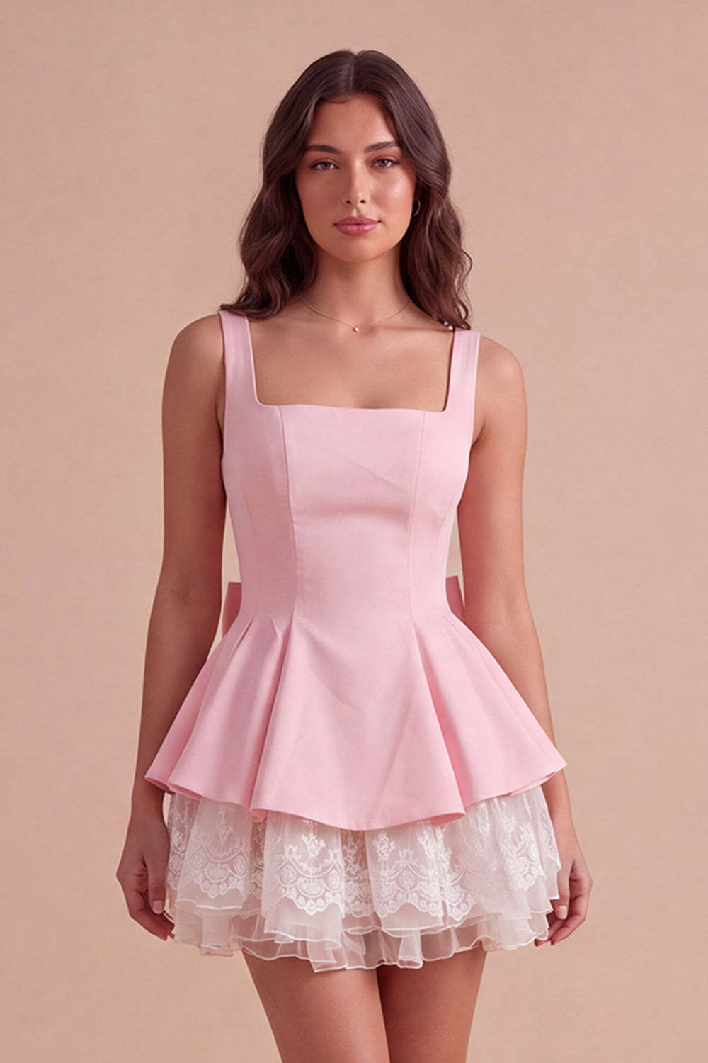 Leely Women Pink Short Ruffled Homecoming Dress Square Neck A-Line Tiered Cocktail Dress with Bow