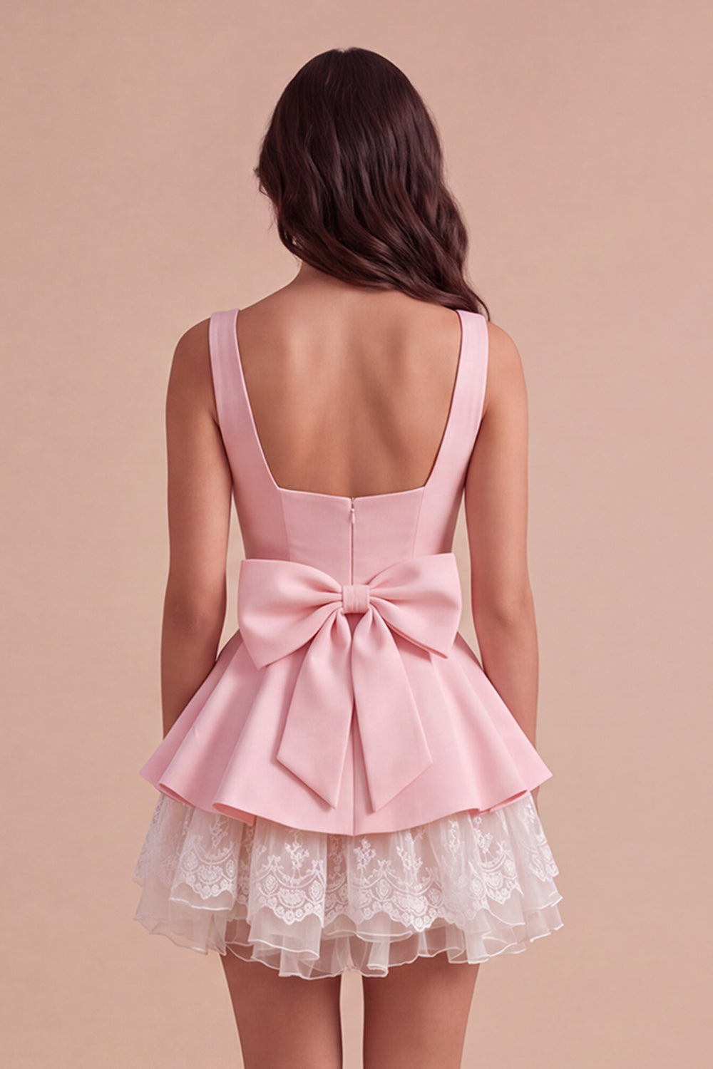 Pink Square Neck Tiered Short Ruffled A-Line Homecoming Dress with Bow