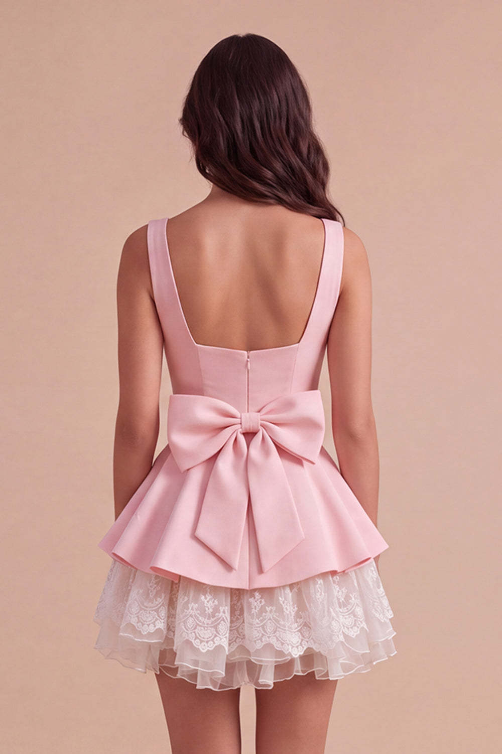 Pink Square Neck Tiered Short Ruffled A-Line Homecoming Dress with Bow