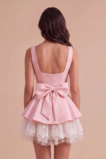 Pink Square Neck Tiered Short Ruffled A-Line Homecoming Dress with Bow